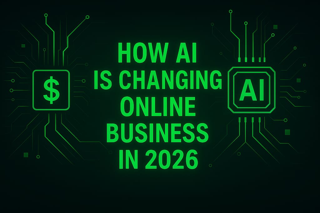 Green futuristic graphic with the text “How AI Is Changing Online Business in 2026” showing digital circuits and AI technology theme.