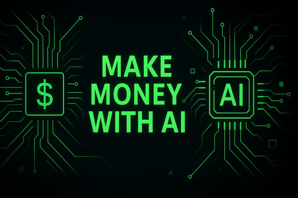 "Make money with AI – modern blue and green digital illustration showing AI technology and financial growth."