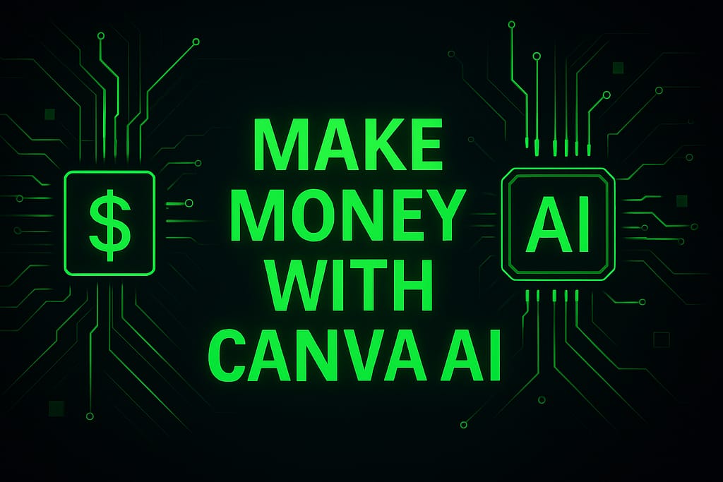 "Digital graphic with neon green circuit lines and the text 'Make Money With Canva AI', representing earning money online using Canva’s artificial intelligence tools."