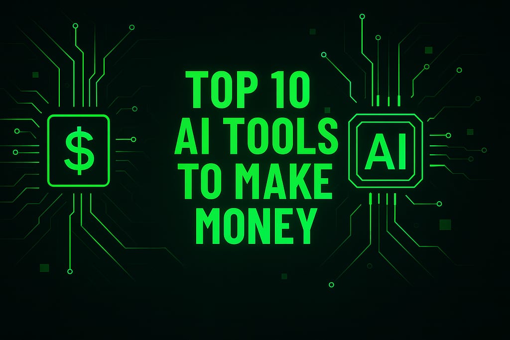 Top 10 AI Tools to Make Money – green futuristic AI design with digital circuits and money icon
