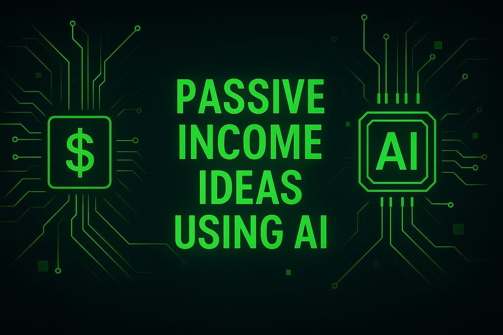 Dark neon green AI circuit background with dollar symbol and AI icon, representing making money with artificial intelligence.